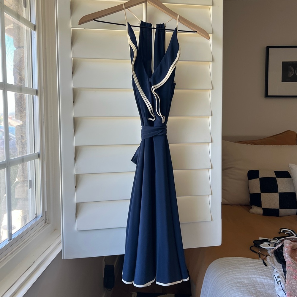 Girls From Savoy. 
Elegant silk Navy Blue Dress with White Trim
